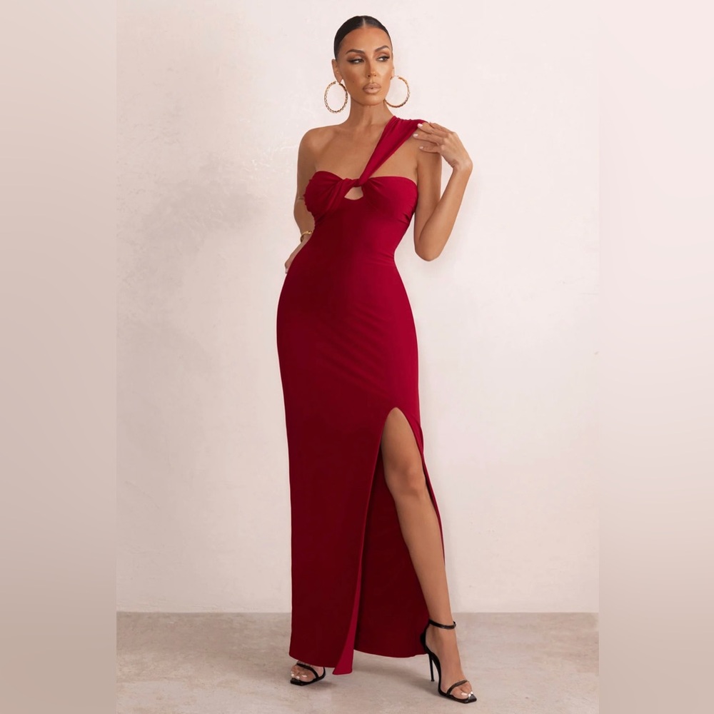 Burgundy Maxi Dress with asymmetric neck twist and slit